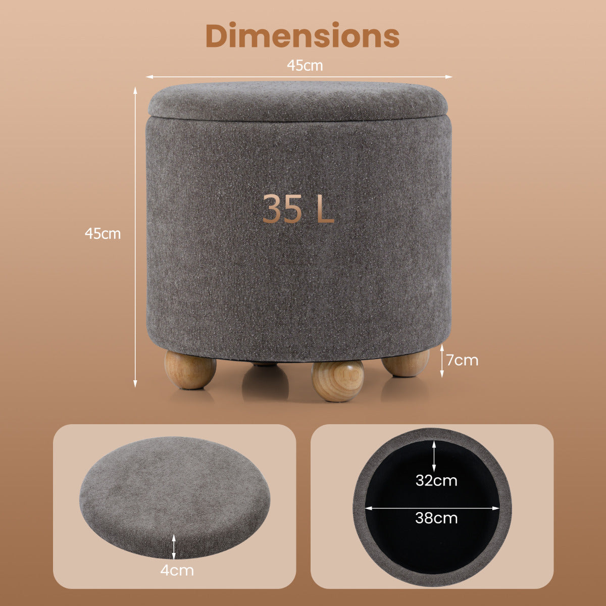 Round Storage Ottoman 45 CM Chenille Fabric Footrest Stool with Removable Lid-Grey