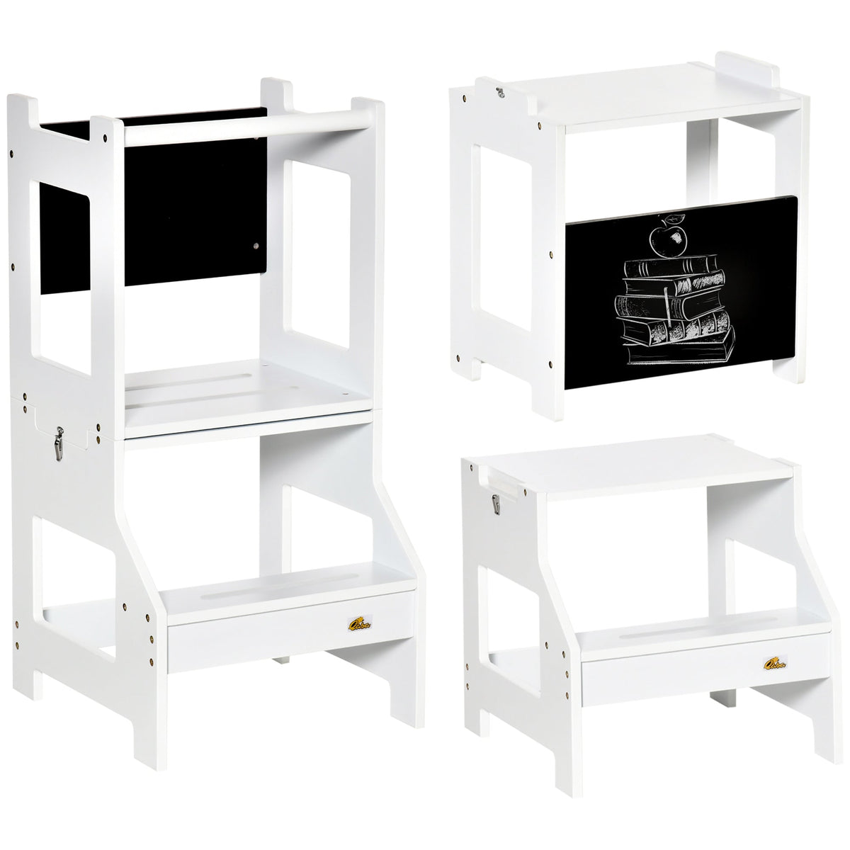 HOMCOM 2 in 1 Kids Kitchen Step Stool with Safety Rail Toddler Steps with Chalkboard for Kitchen Bathroom, White