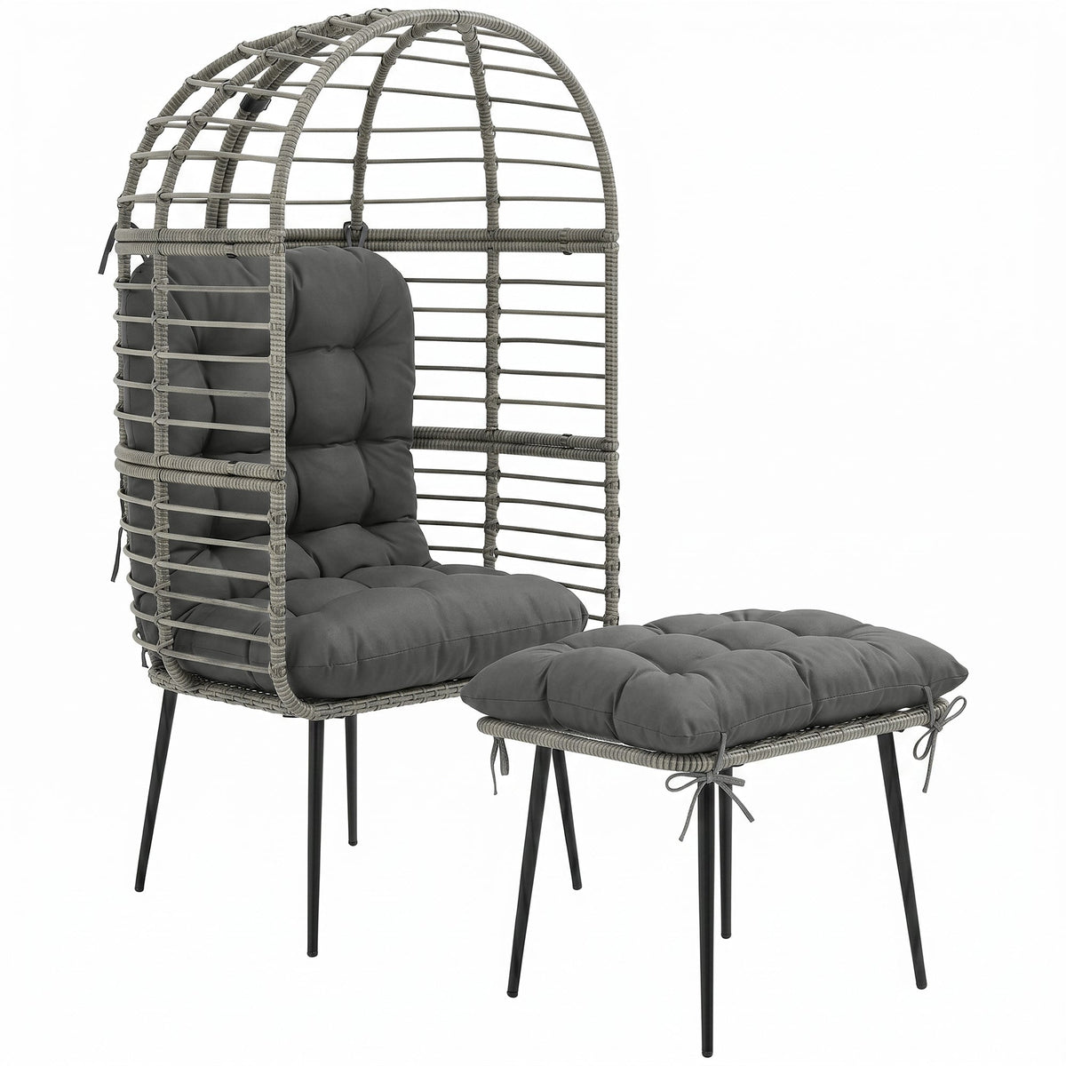 Outsunny Garden Egg Chair with Footstool, Rattan Indoor Outdoor Lounge Chair and Ottoman Set with Thick Cushions, Light Grey