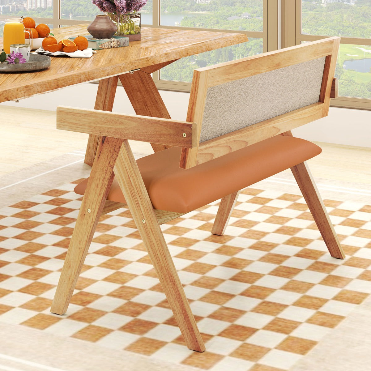 Rubber Wood Dining Bench with Armrest and Sherpa Upholstered Backrest-Natural