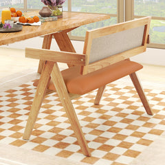 Rubber Wood Dining Bench with Armrest and Sherpa Upholstered Backrest-Natural