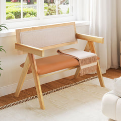 Rubber Wood Dining Bench with Armrest and Sherpa Upholstered Backrest-Natural