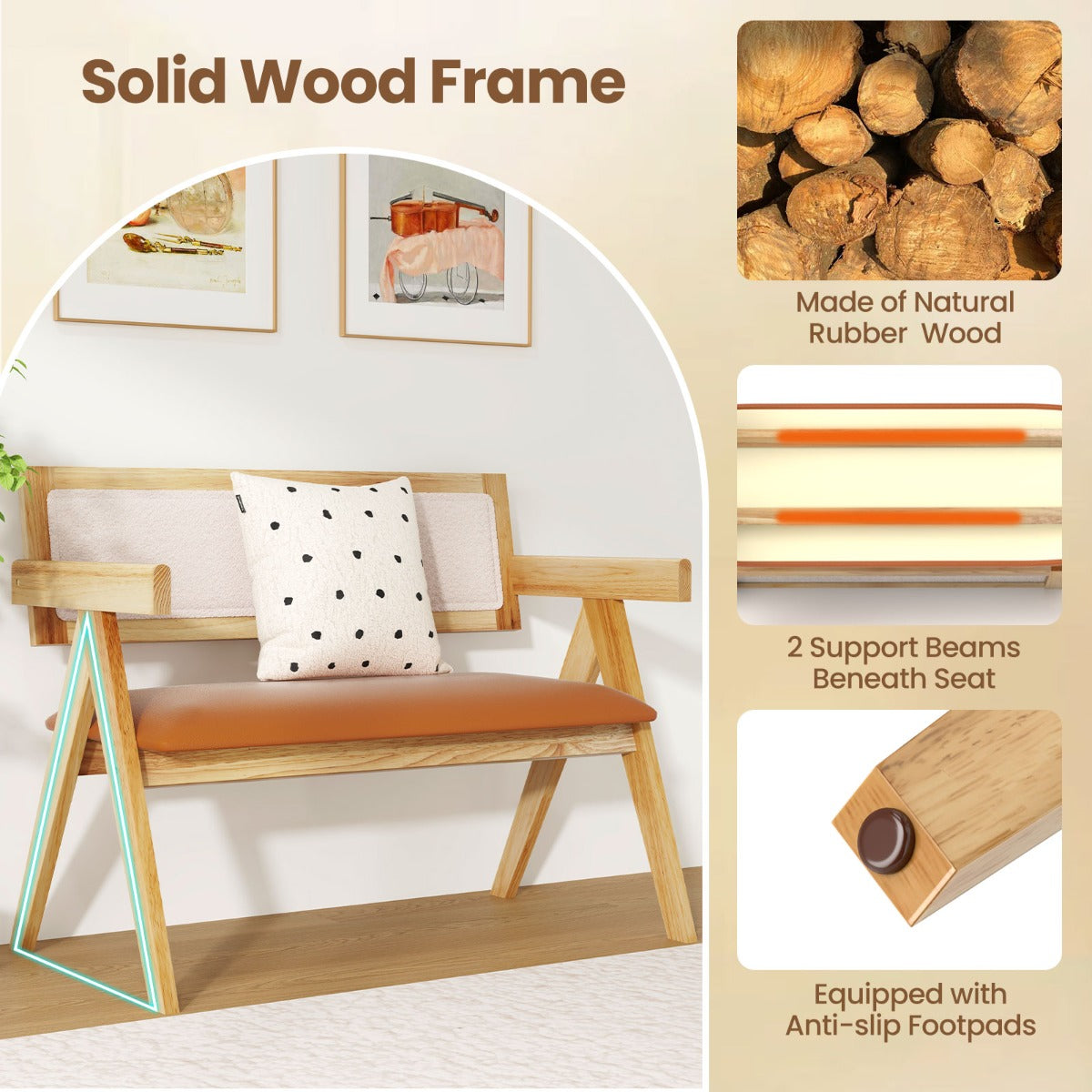 Rubber Wood Dining Bench with Armrest and Sherpa Upholstered Backrest-Natural