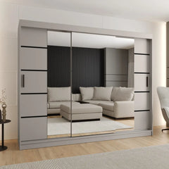 Sliding door wardrobe in a light grey finish with mirrored doors