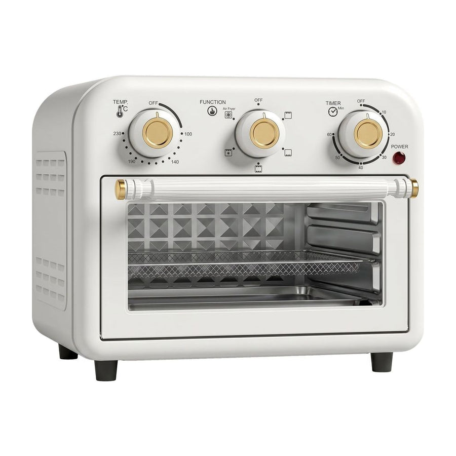 HOMCOM Air Fryer Toaster Oven in cream white with gold accents and a glass door