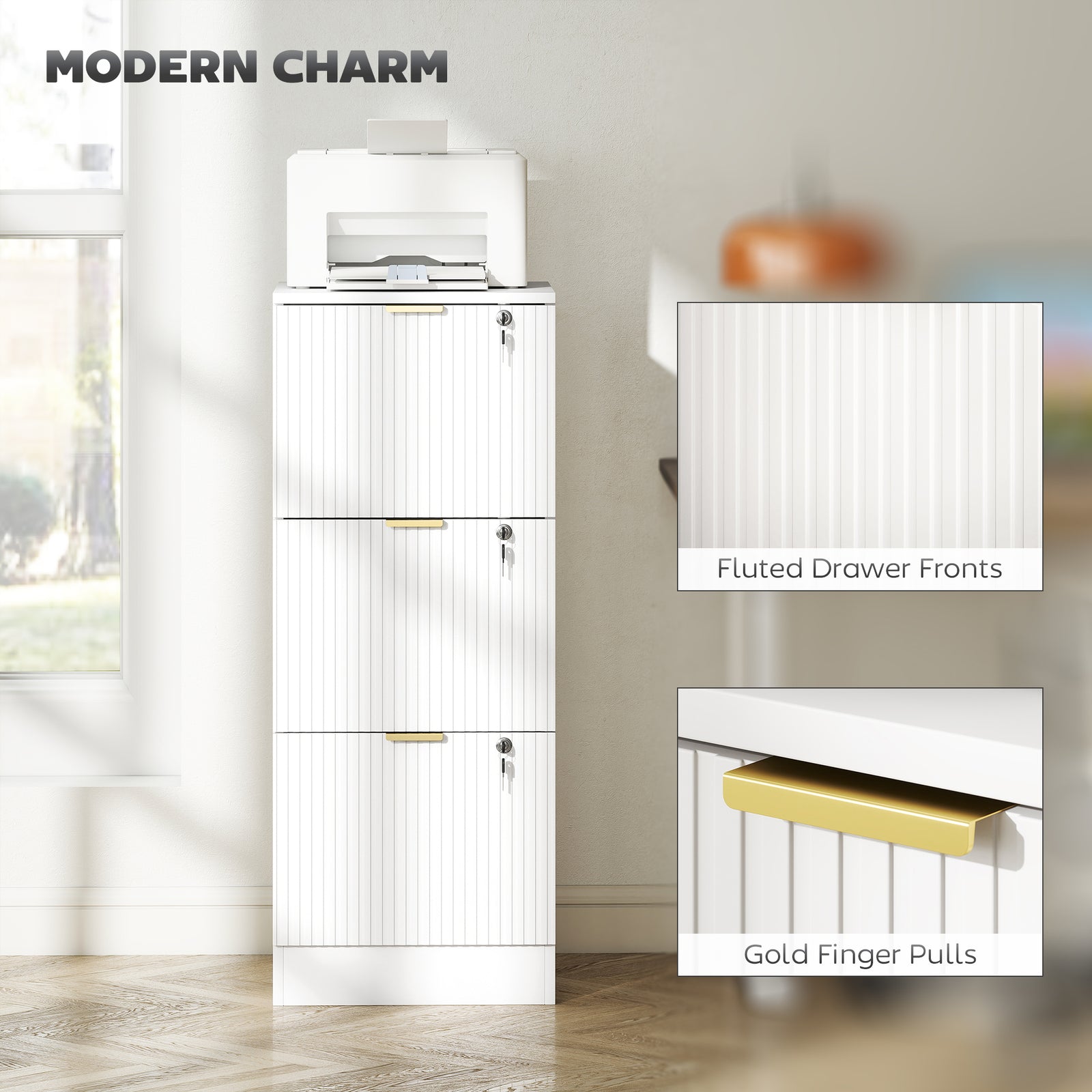 HOMCOM Filing Cabinet, Fluted Vertical File Cabinet with 3 Lockable Drawers and Hanging Rails, White
