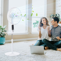 HOMCOM 16'' Pedestal Stand Fan, 3 Speed 3 Mode, 85° Oscillation, LED Panel, 3M Remote Controller, Height Adjustable for Living Room, Bedroom, Garage, Office, Black and White