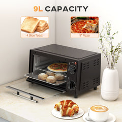 HOMCOM Mini Oven, 9L Countertop Electric Grill, Toaster Oven with Adjustable Temperature, Timer, Dishwasher Safe Baking Tray and Wire Rack, 750W, Black