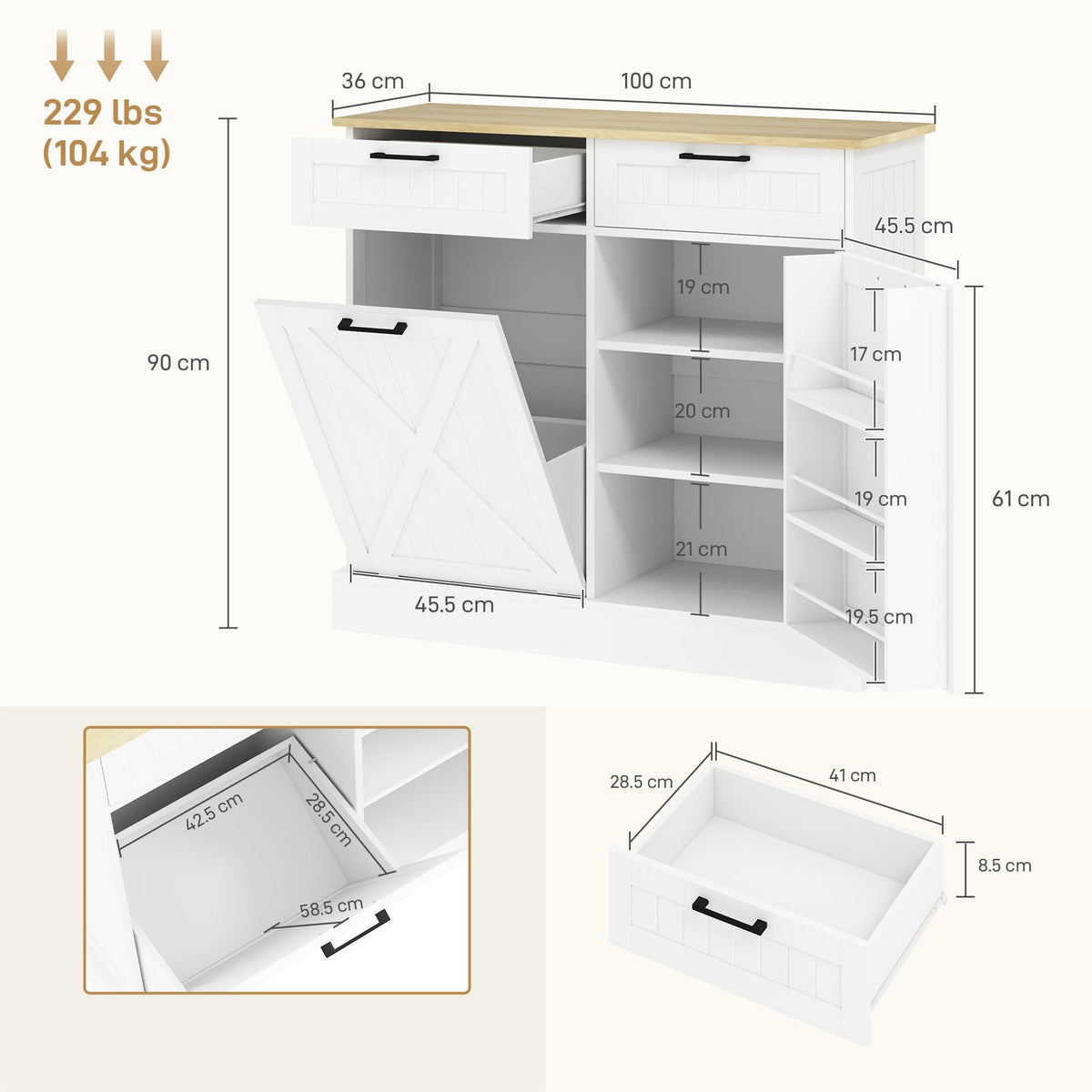 HOMCOM Sideboard with Tilt-out Trash Bin, Farmhouse Kitchen Sideboard with 2 Drawers, Adjustable Shelves, Door Racks, White
