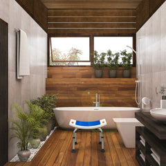 The shower stool positioned on a wooden floor in a contemporary bathroom setting