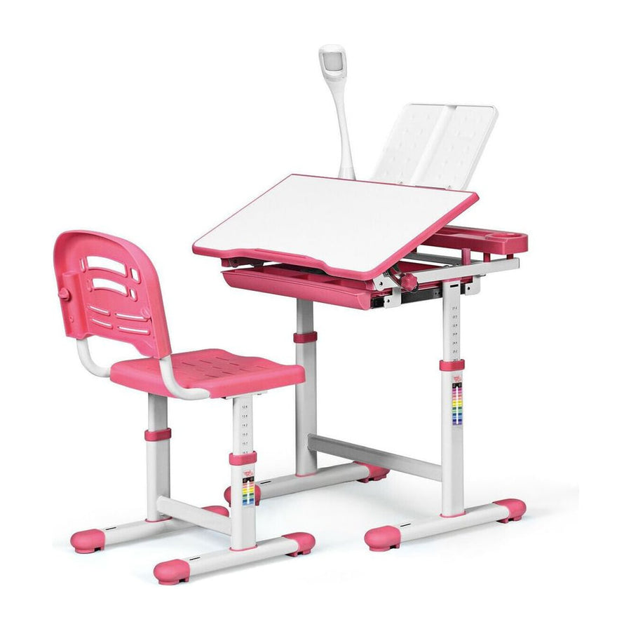 Height Adjustable Kids Study Desk Table Chair Set with Lamp-Pink