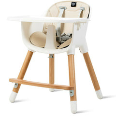 The high chair shown from the front with the padded seat and white tray attached