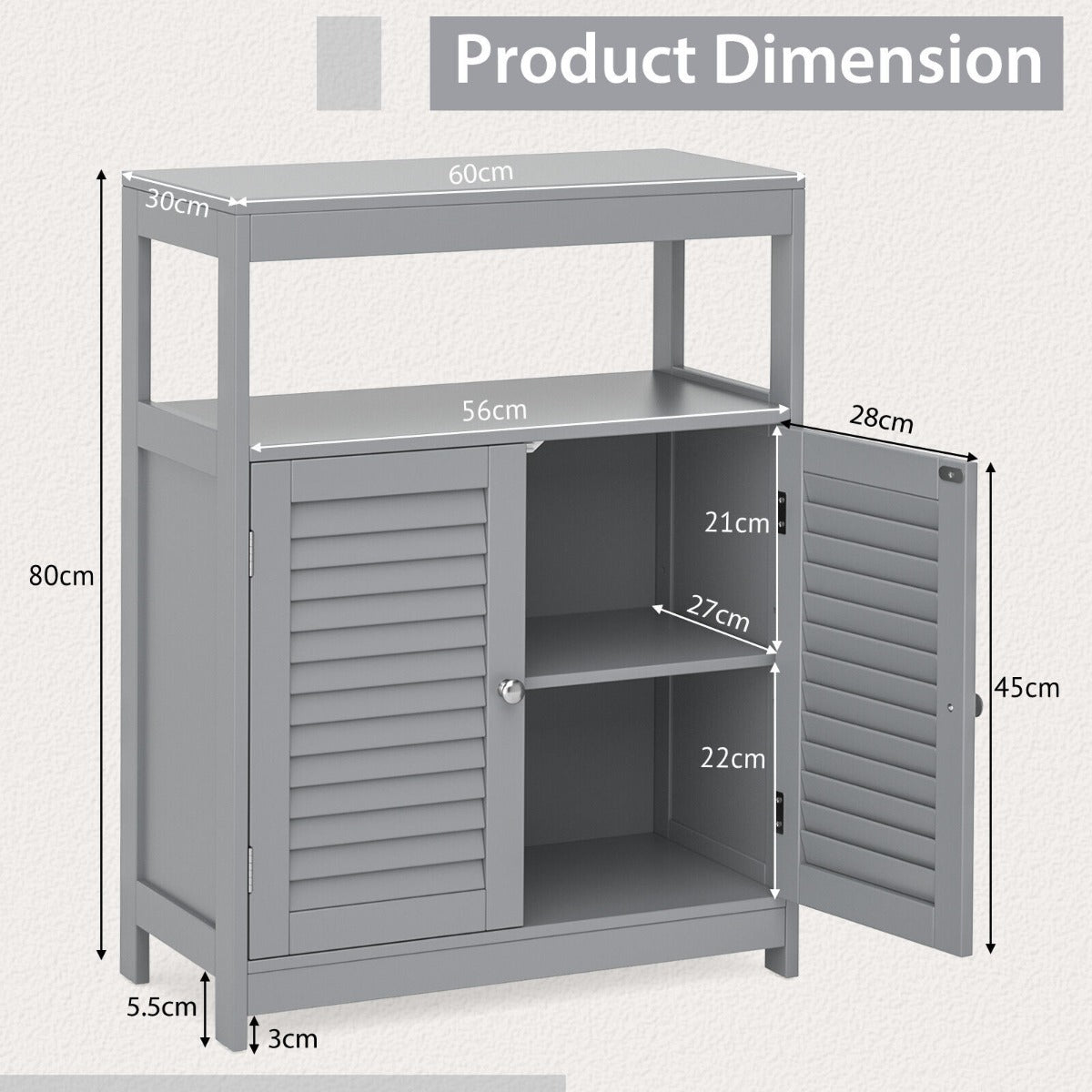Bathroom Floor Cabinet with Double Shutter Door and Adjustable Shelf-Grey