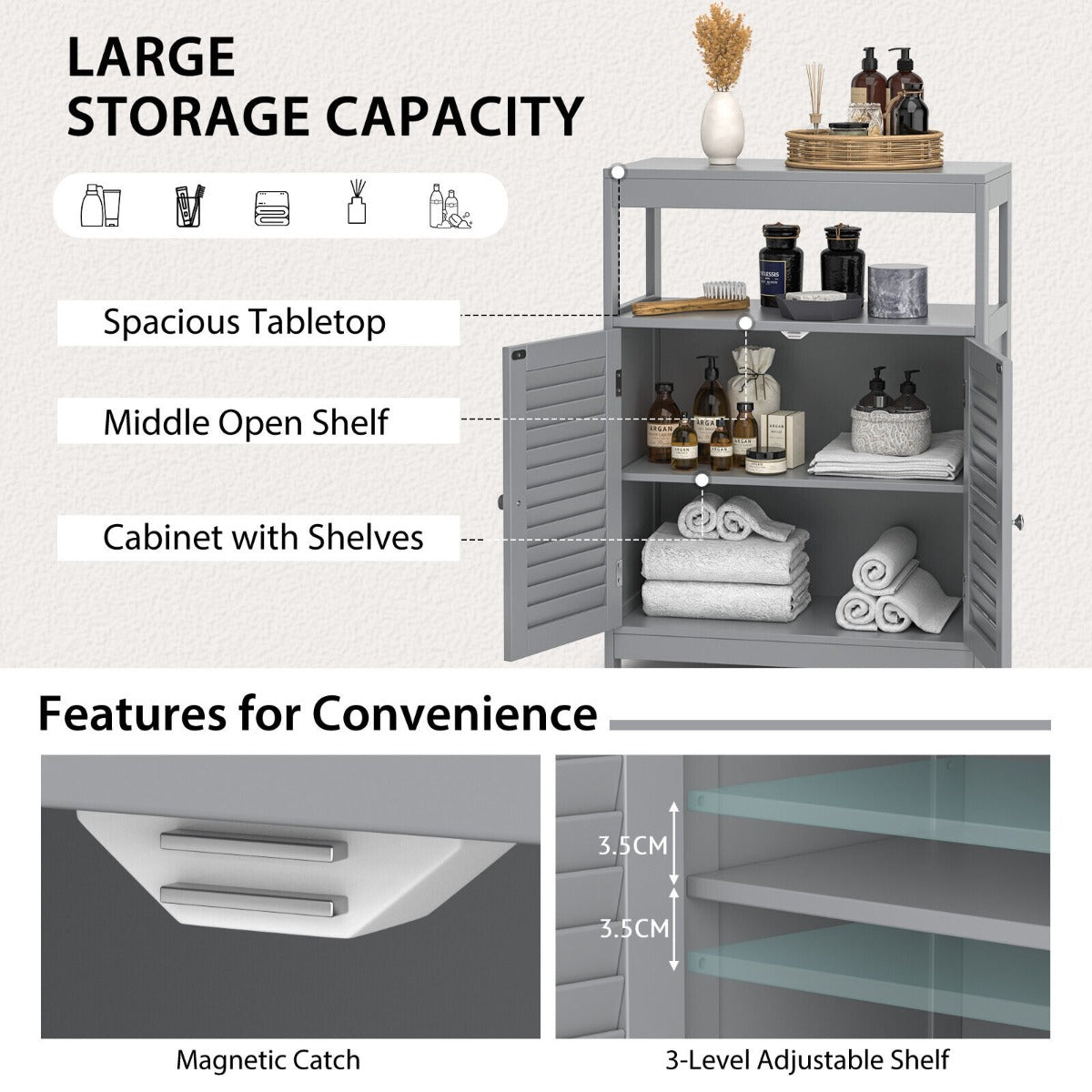 Bathroom Floor Cabinet with Double Shutter Door and Adjustable Shelf-Grey