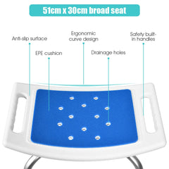 Diagram showing the dimensions and features of the shower stool seat