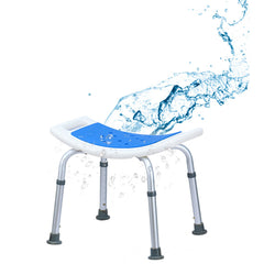 The shower stool with water splashing over the blue seat and metal legs