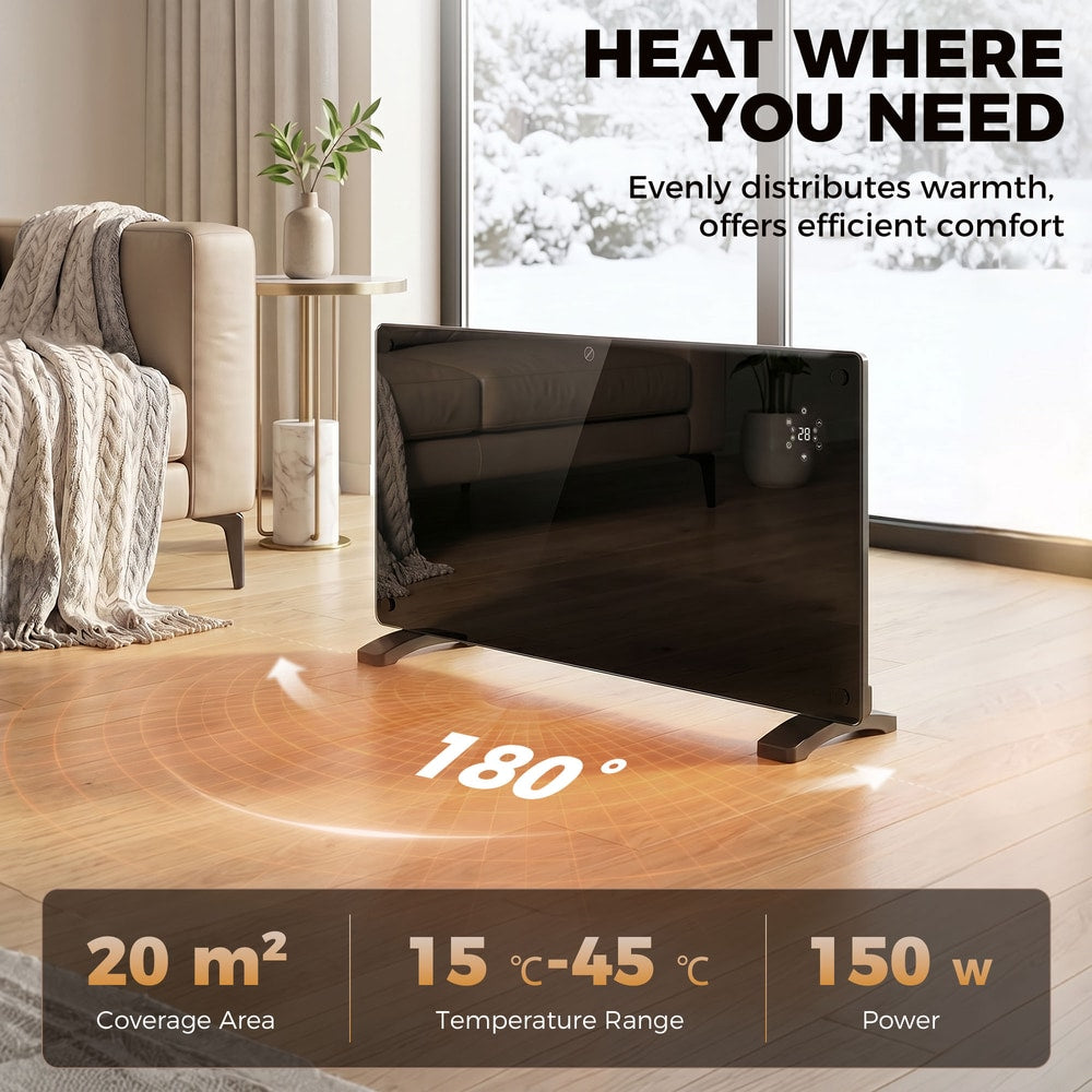 The black glass heater is shown freestanding in a living room with heat radiating outwards