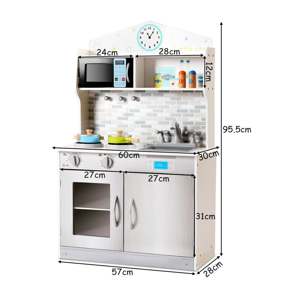 Dimensions of the wooden play kitchen, showing height, width and depth with labels