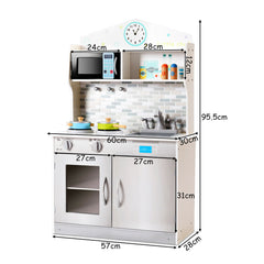 Dimensions of the wooden play kitchen, showing height, width and depth with labels