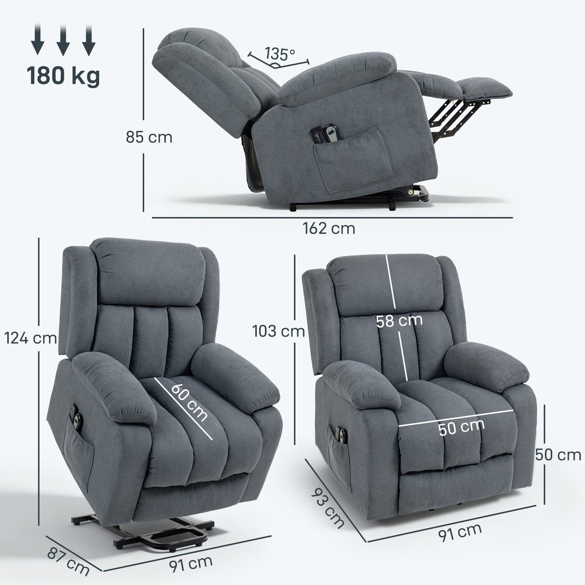 HOMCOM Power Lift Recliner Chair with Vibration Massage, Lift Chair for Elderly with Footrest, Remote, Side Pocket, Grey