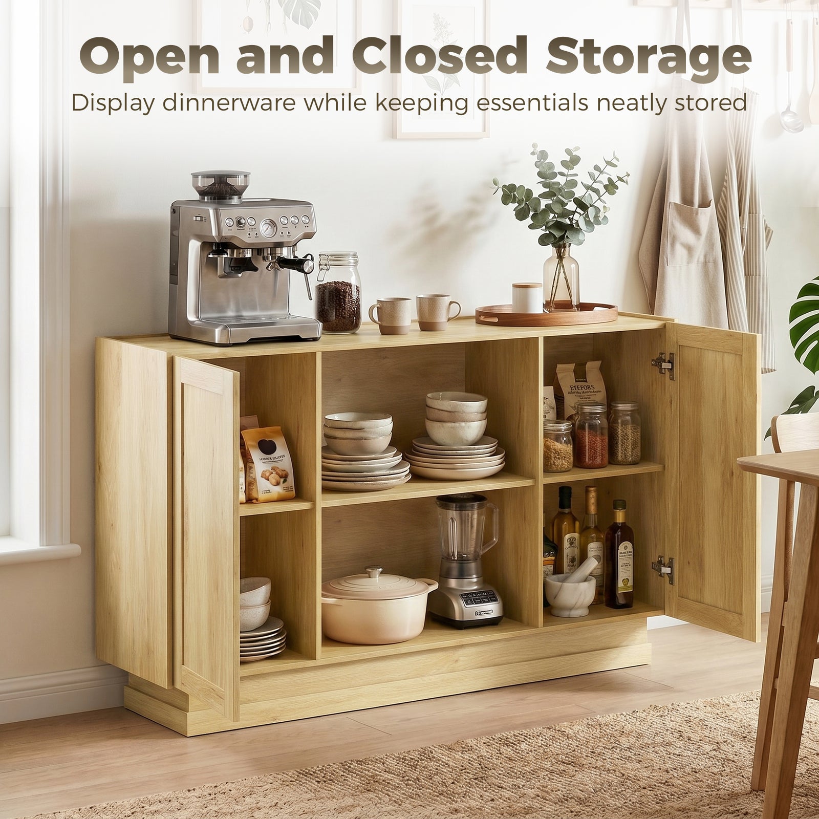 HOMCOM Sideboard Buffet Cabinet, 133 cm Storage Cabinet with 2 Open Shelves, 2 Cupboards and Soft Close Doors, Natural