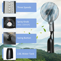HOMCOM Spray Misting Fan, Floor Fan with Water Mist Spray, 70° Oscillation, Tilt Head, 3 Speeds, 2.8L Water Tank, Black