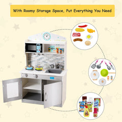 Play kitchen with accessories including food, pots and utensils, with text about storage space