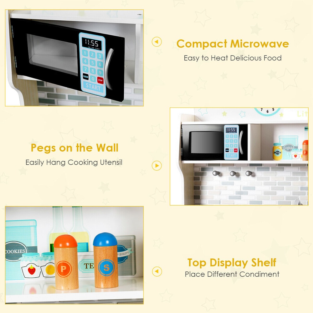 Close up of the microwave and hanging pegs on the play kitchen, plus a shelf with condiment bottles