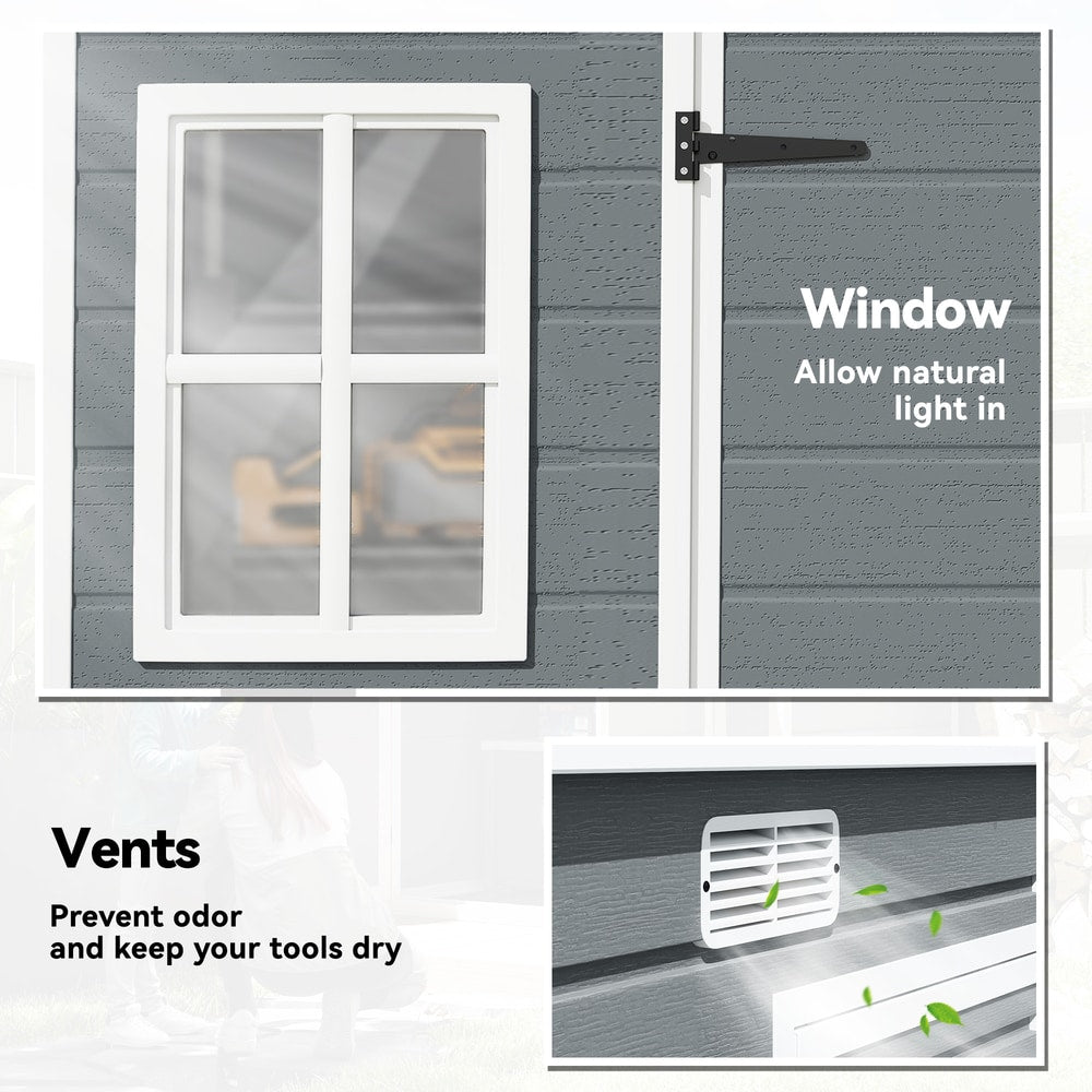 Close up of a window and vents on the grey garden shed, allowing light and air in