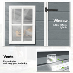 Close up of a window and vents on the grey garden shed, allowing light and air in