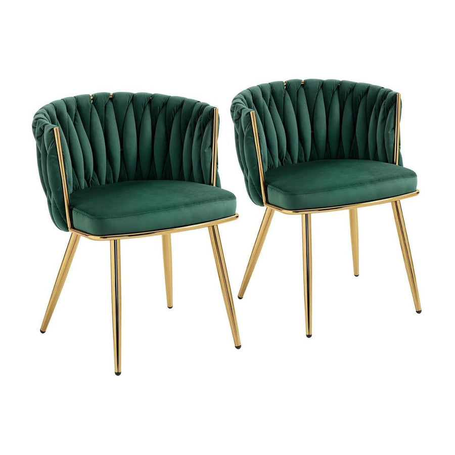 HOMCOM Velvet-Feel Dining Chairs Set of 2, Modern Upholstered Kitchen Chairs with Woven Backrest and Armrests, Metal Legs and
