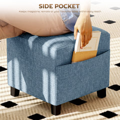 HOMCOM Small Ottoman, Square Footstool with Side Pocket, Rubber Wood Legs and Padded Seat for Living Room, Dark Blue