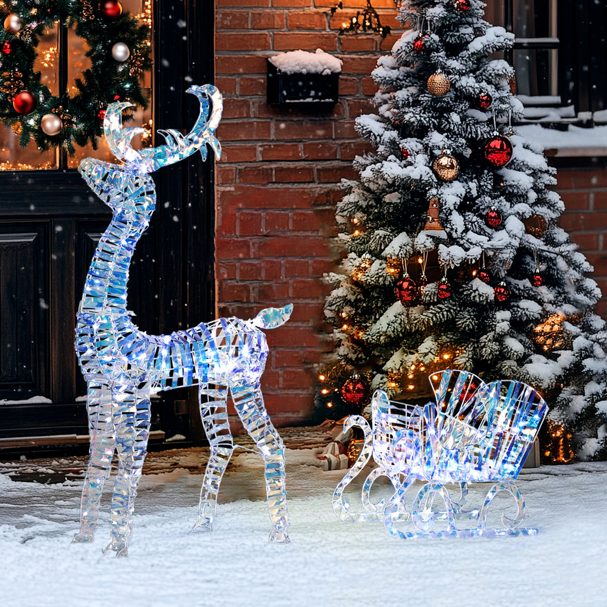 Outsunny Lighted Christmas Reindeer with Sleigh, Outdoor Yard Reindeer with 170 Warm White LED Lights, Holiday Decor with Stakes, Waterproof, Silver