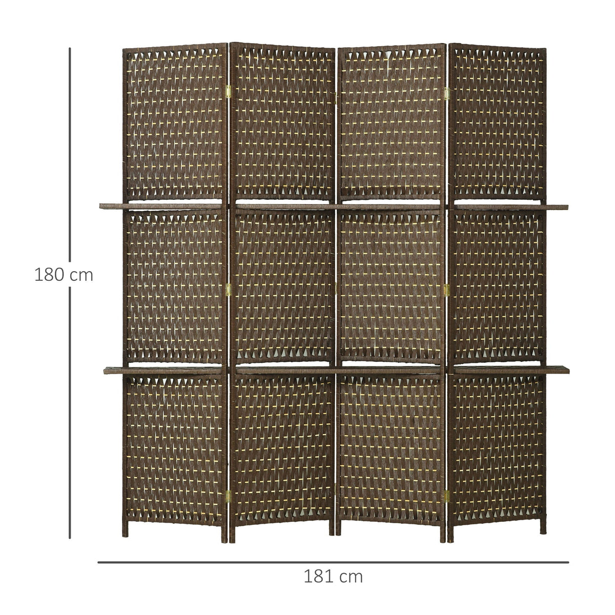 HOMCOM 4-Panel Room Dividers with Shelves, Wave Fibre Freestanding Folding Privacy Screen Panels, Partition Wall Divider for Indoor Bedroom Office, 180Â cm, Brown