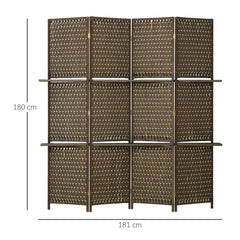 HOMCOM 4-Panel Room Dividers with Shelves, Wave Fibre Freestanding Folding Privacy Screen Panels, Partition Wall Divider for Indoor Bedroom Office, 180Â cm, Brown