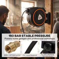 HOMCOM Auto Rewind Hose Reel, Retractable Air Hose Reel 15 m + 1.5 m, 150 Bar with 1/4" BSPT Connector, Black