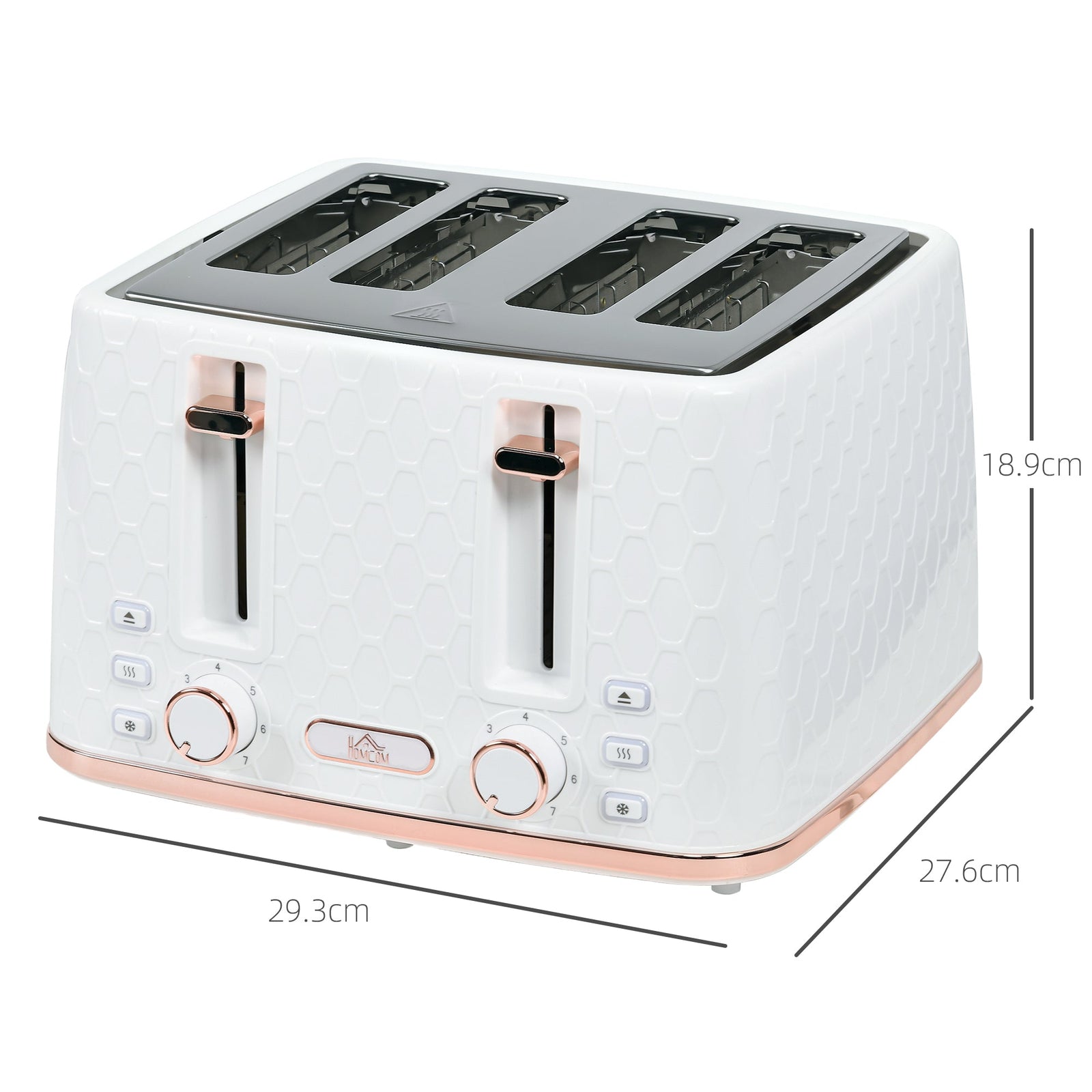 White four-slice honeycomb toaster with rose gold trim on a wooden surface