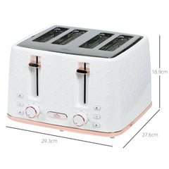 White four-slice honeycomb toaster with rose gold trim on a wooden surface