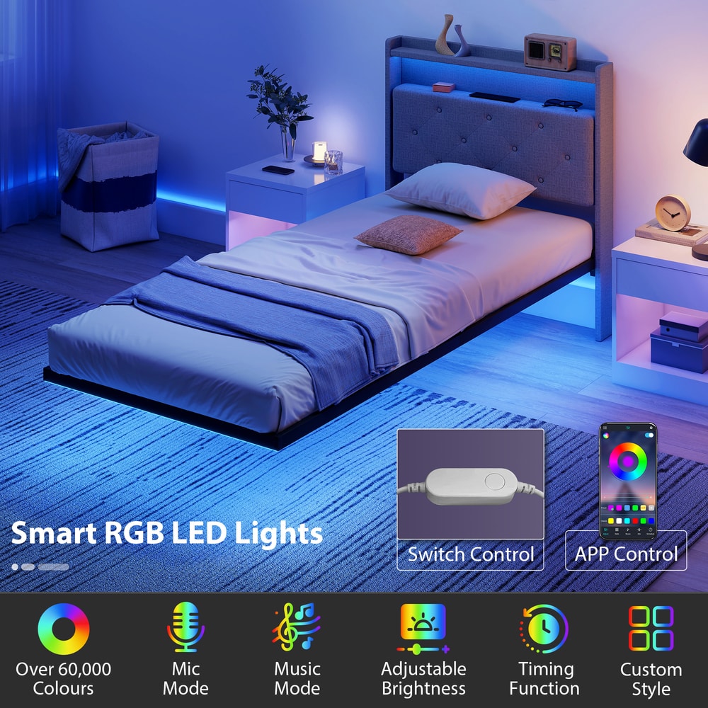 Single size bed with RGB LED lights controlled by app and switch