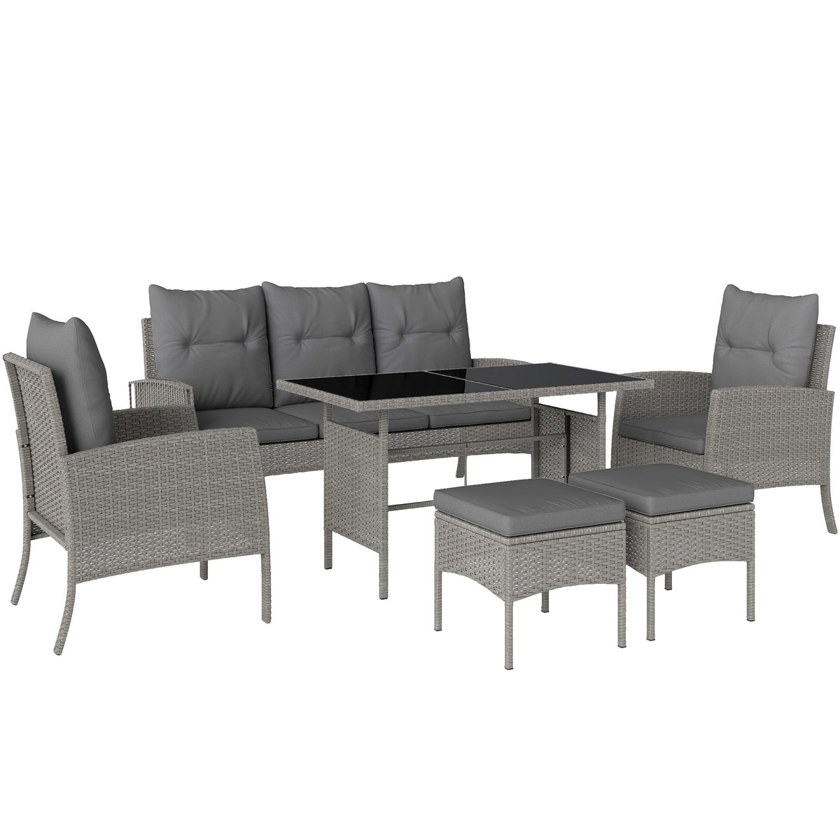 Outsunny 7 Seater Rattan Garden Furniture Set, 6 Piece Patio Dining Set, Armchairs, 3-Seater Sofa, Footstools, Glass Dining Table, Cushions, Wicker Outdoor Furniture for Conservatory Patio, Grey
