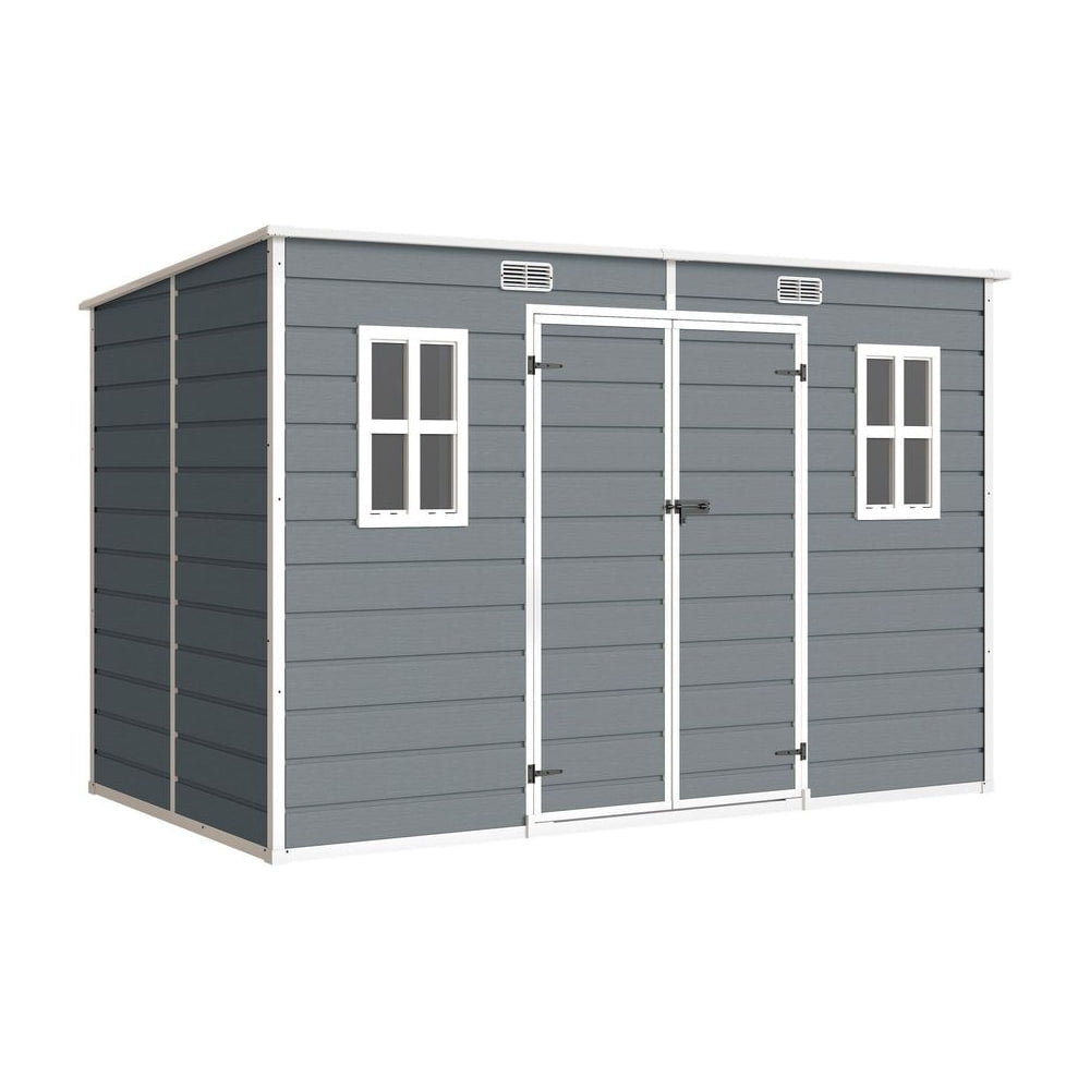 Outsunny Resin Garden Shed, a grey outdoor storage shed with two windows and double doors