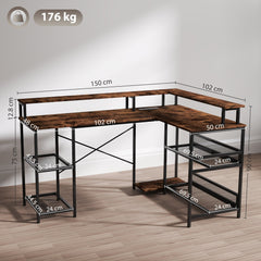 HOMCOM LED Light 'L' Computer Desk, with Shelves - Brown