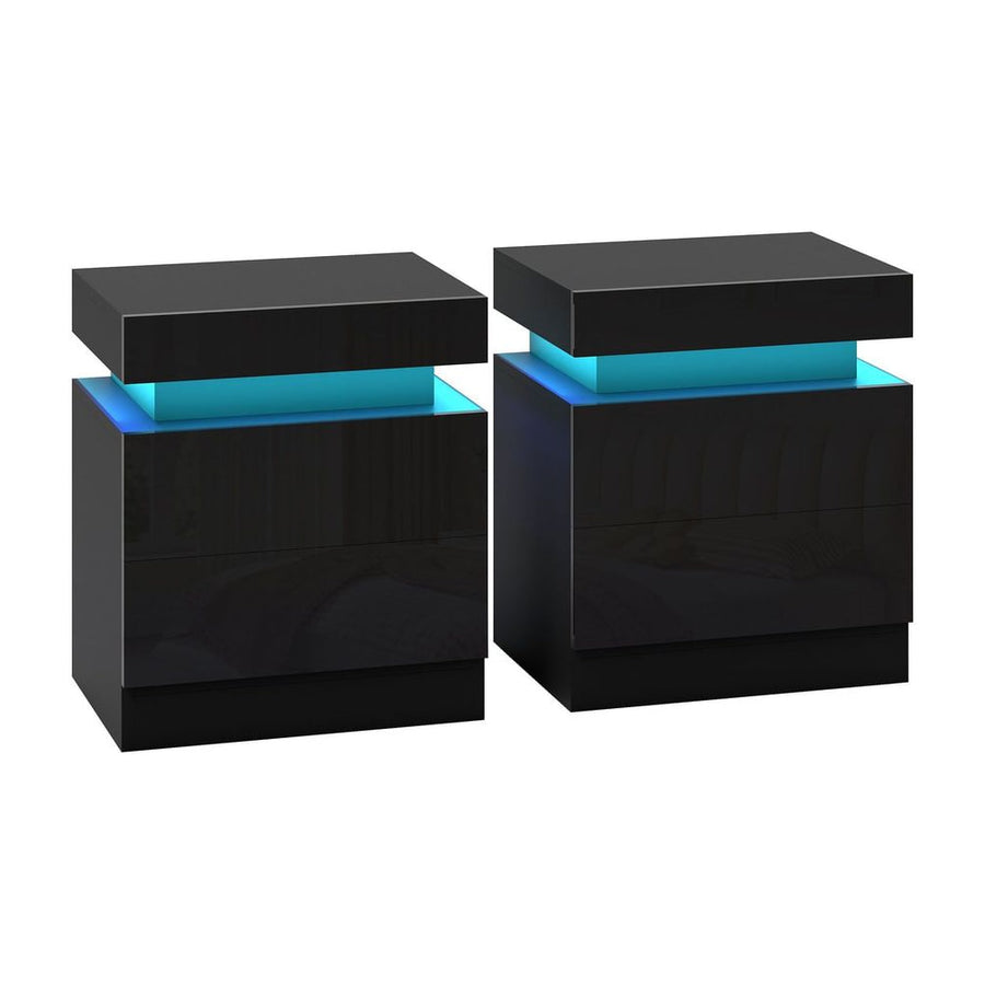 HOMCOM Black Bedside Table with LED Light, High Gloss Front Nightstand with 2 Drawers, for Living Room, Bedroom, Set of 2