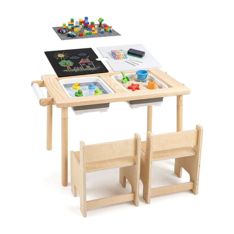 Sensory Table Set 3-Piece Kids Activity Table and Chair Set with Adjustable Height-Natural