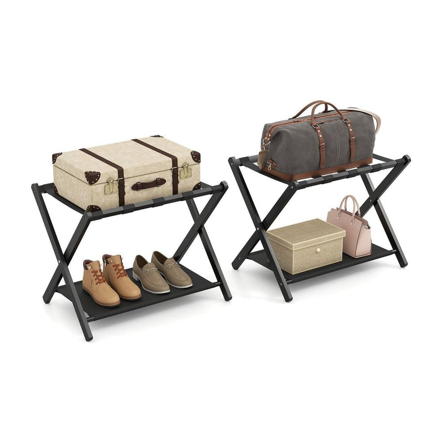Set of 2 Bamboo Luggage Racks with nylon straps and Oxford cloth storage shelves in black