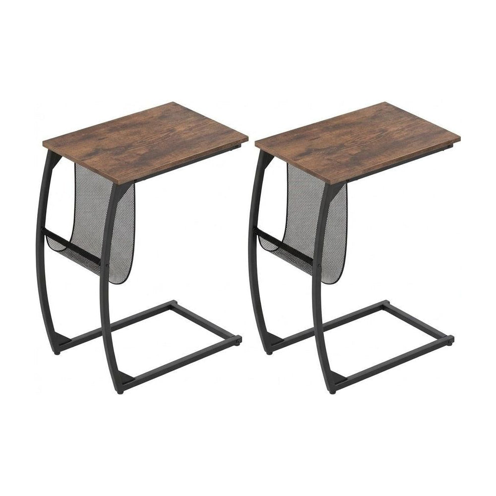 Set of 2 C-Shaped Compact Sofa Side Snack Table with brown wood effect tops and black metal frames