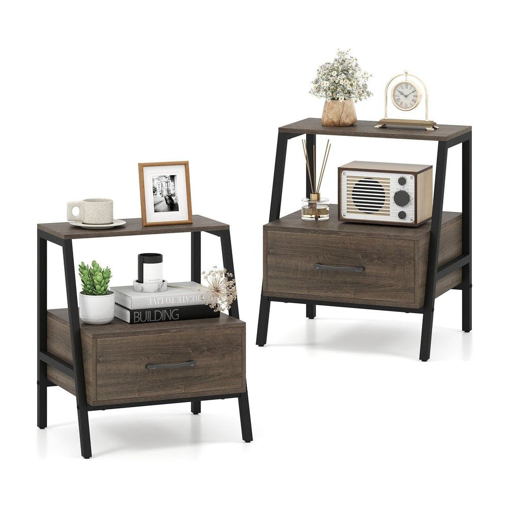 Set of 2 Farmhouse 3-Tier Nightstand with drawer and open shelf in grey wood effect