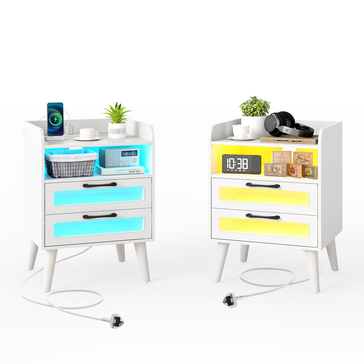 Set of 2 Mid Century Nightstand Modern Bedside Table with charging station in white