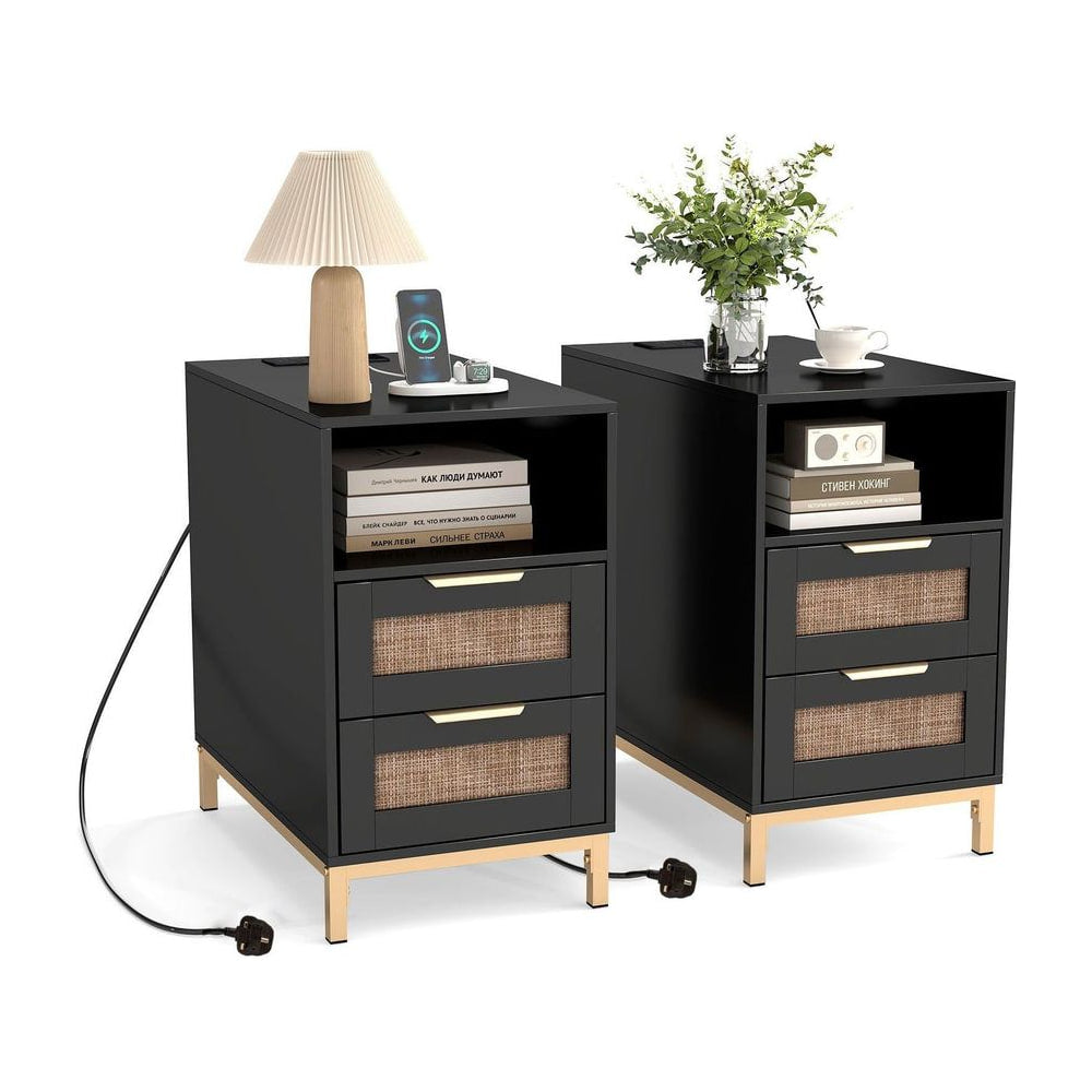 Set of 2 Narrow End Table with charging station and rattan drawers in black