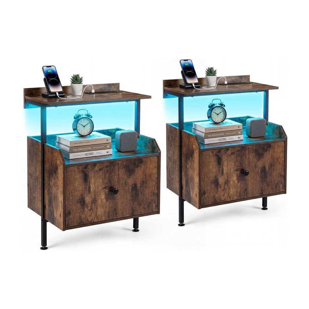Set of 2 Nightstand Bedside Table with Charging Station in Rustic Brown